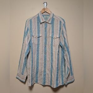 Ocean & Coast Linen Button-Up Shirt Blue & Natural Stripe Size L